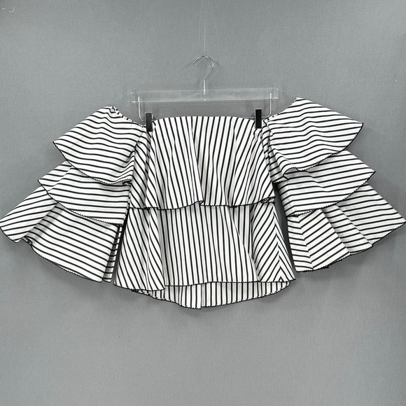 CAROLINE CONSTAS Carmen Tiered Off the Shoulder Top Womens XS White Black Stripe - Picture 4 of 16